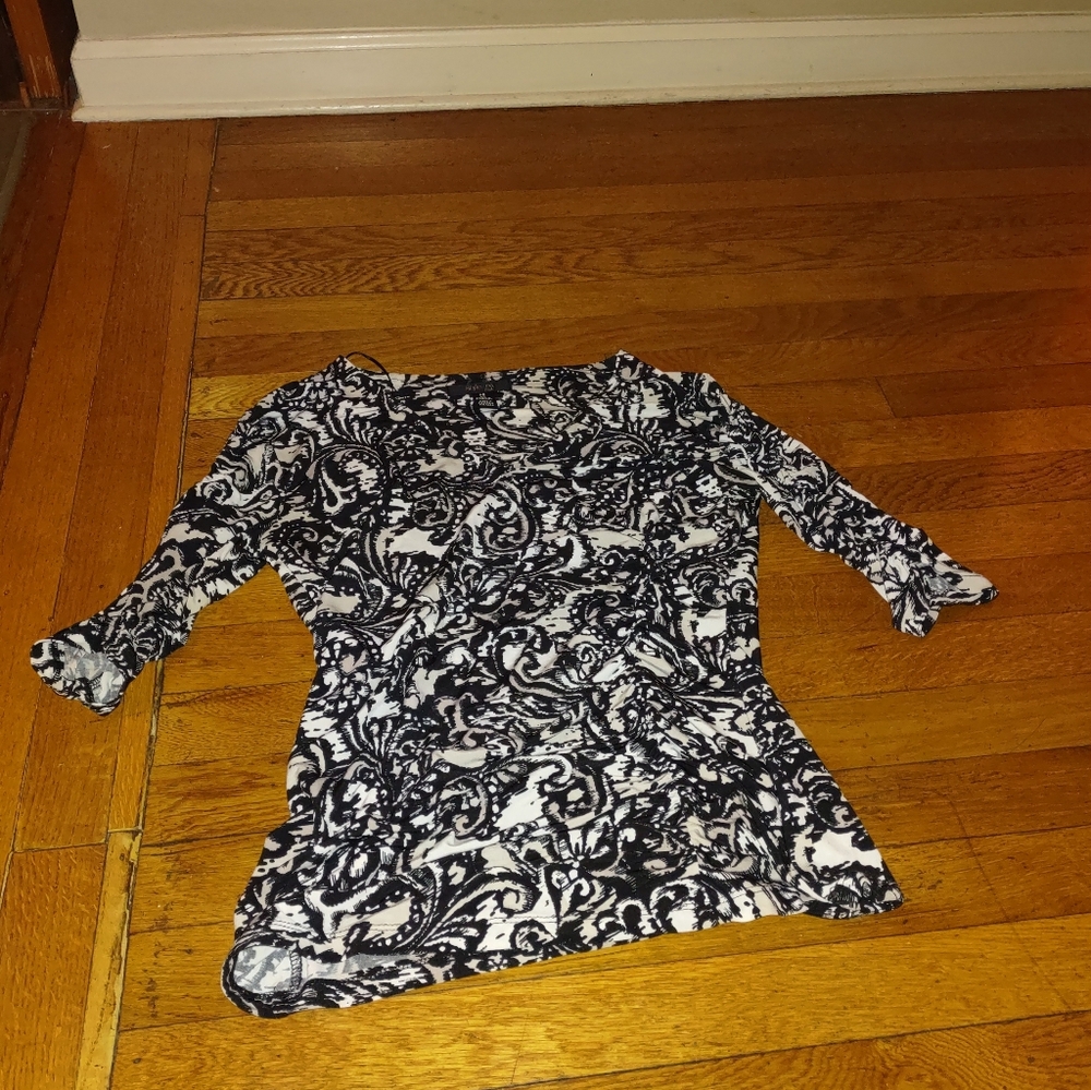 3/4 sleeve abstract paisley patterned black and white blouse from style & co PS